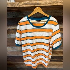 Striped Orange and White Short-Sleeve Tee with Teal Trim